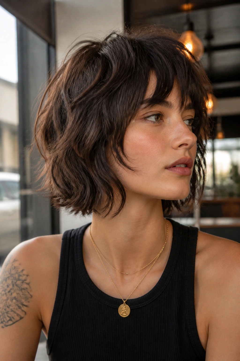 Portrait of a person with wolf cut bob, textured short bob and crown lift.