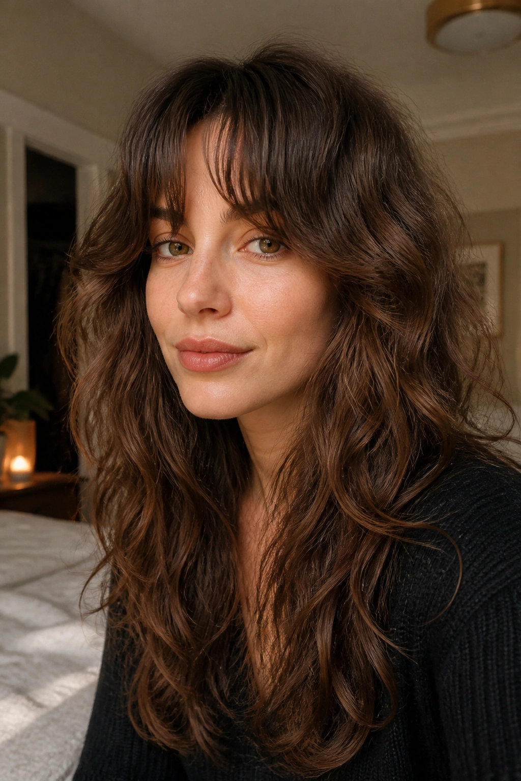 Close-up of a real woman with bottleneck bangs and thick wavy hair.