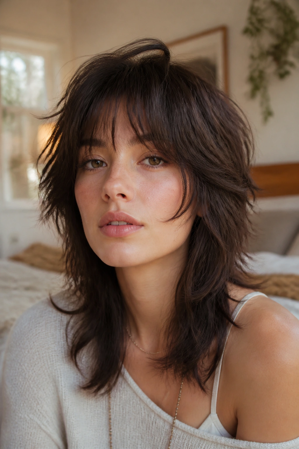 Close-up portrait of a real woman sporting Soft Wolf Cut With Bottleneck Bangs in a sunlit bedroom