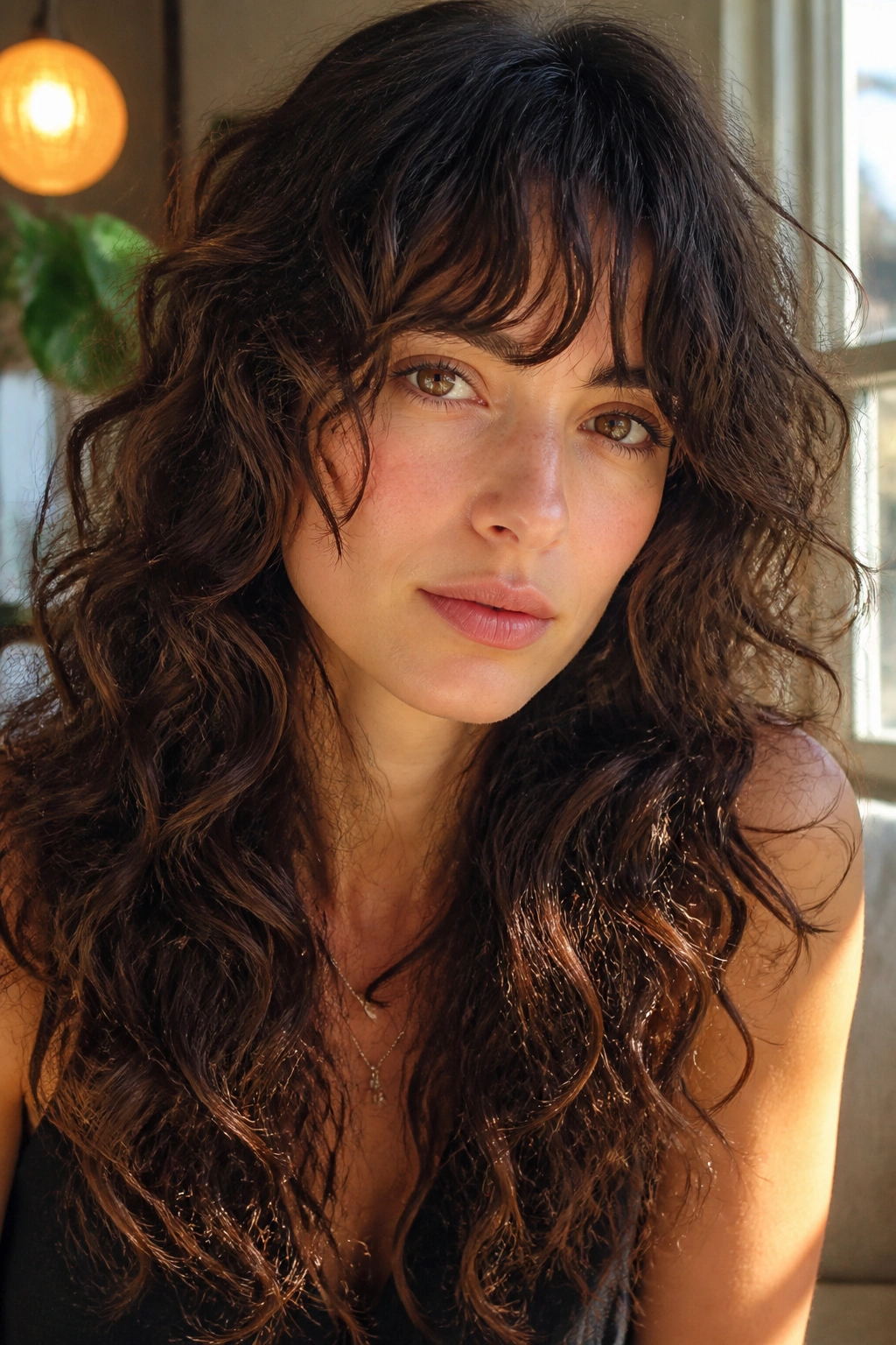 Portrait of real person with bottleneck bangs and long curly wolf cut in a bright setting.