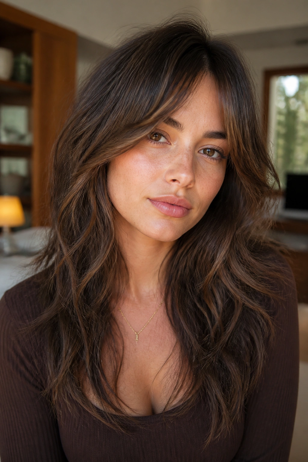 Close-up portrait of a real woman with a long wolf cut and bottleneck curtain bangs in warm window light.