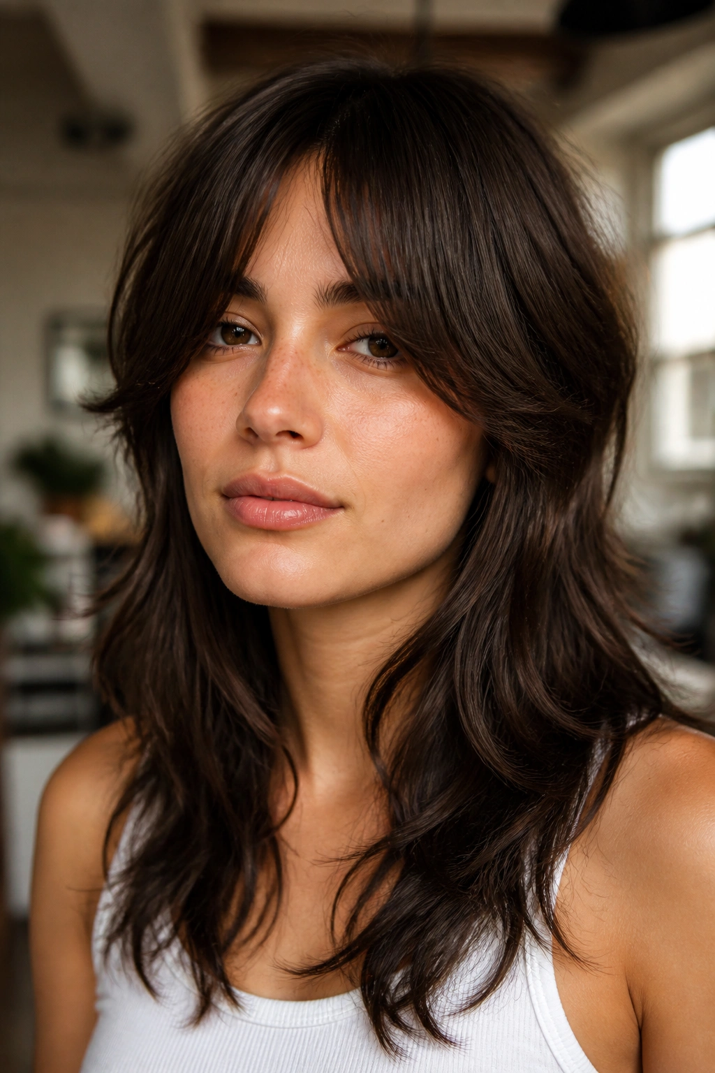 Close-up portrait of a real woman with bottleneck bangs and a wolf cut