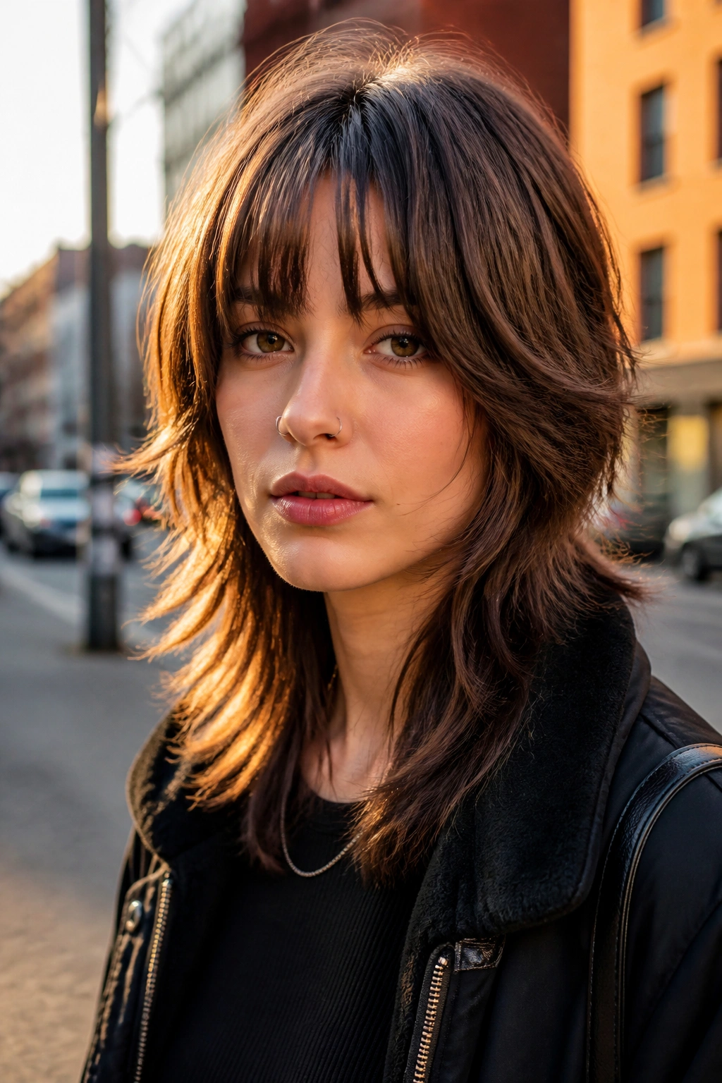 Close-up of a person with a wolf cut and bottleneck bangs on city street