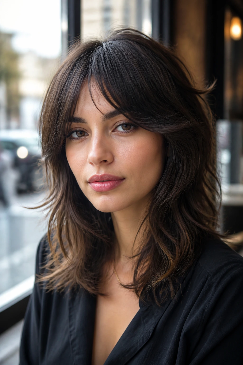 Close-up portrait of a real woman with medium wolf cut and bottleneck bangs in cafe window light