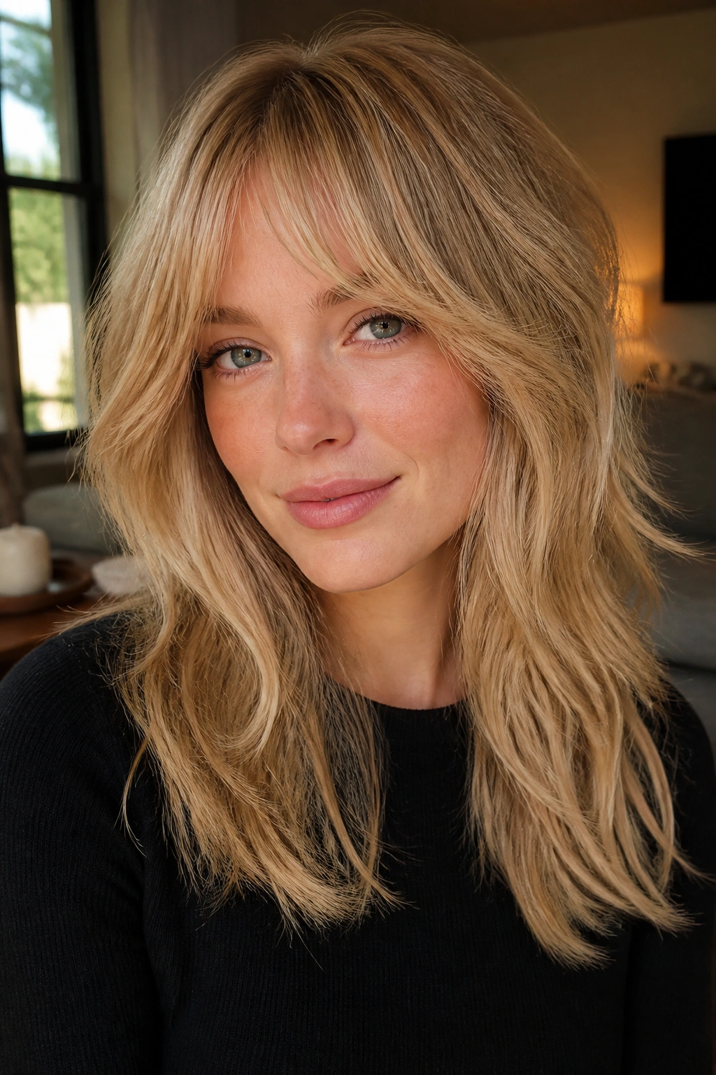 Close-up portrait of a real woman with golden blonde wolf cut and bottleneck fringe in warm window light