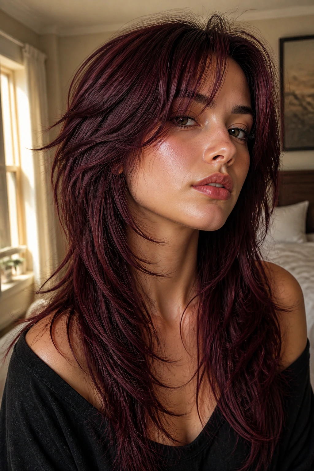 Close-up portrait of a real person with Burgundy Wolf Cut with Long Internal Layers, burgundy hair and layered silhouette