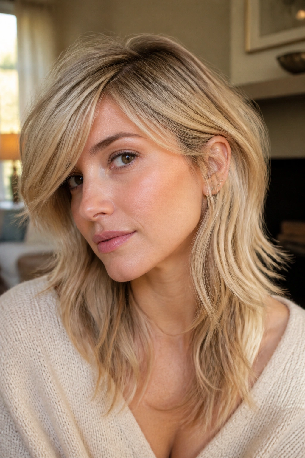 Close-up portrait of a real woman with buttercream blonde wolf cut and long side bangs in warm light