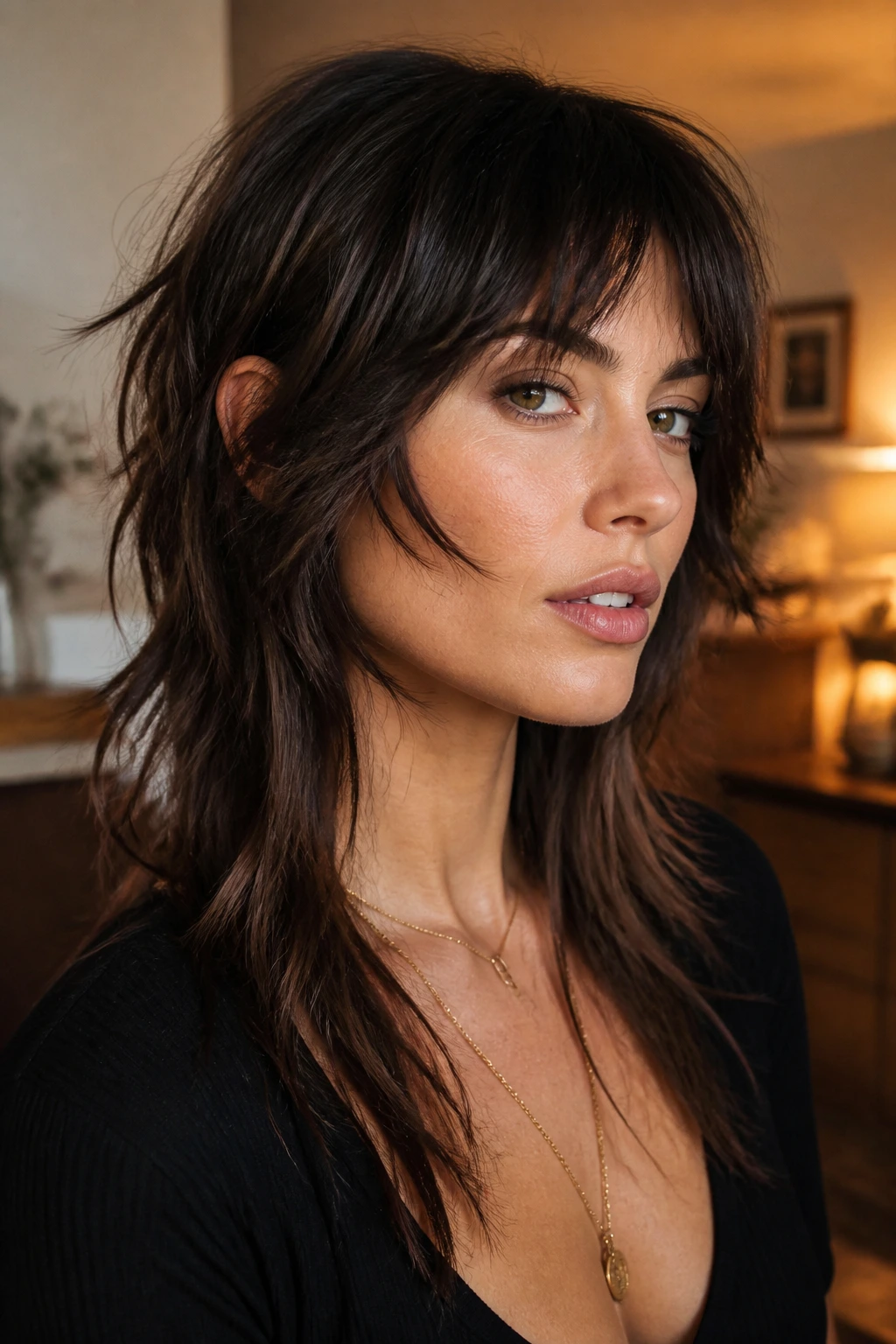 Close-up of a real person with dramatic cheekbone wolf cut and strong front pieces