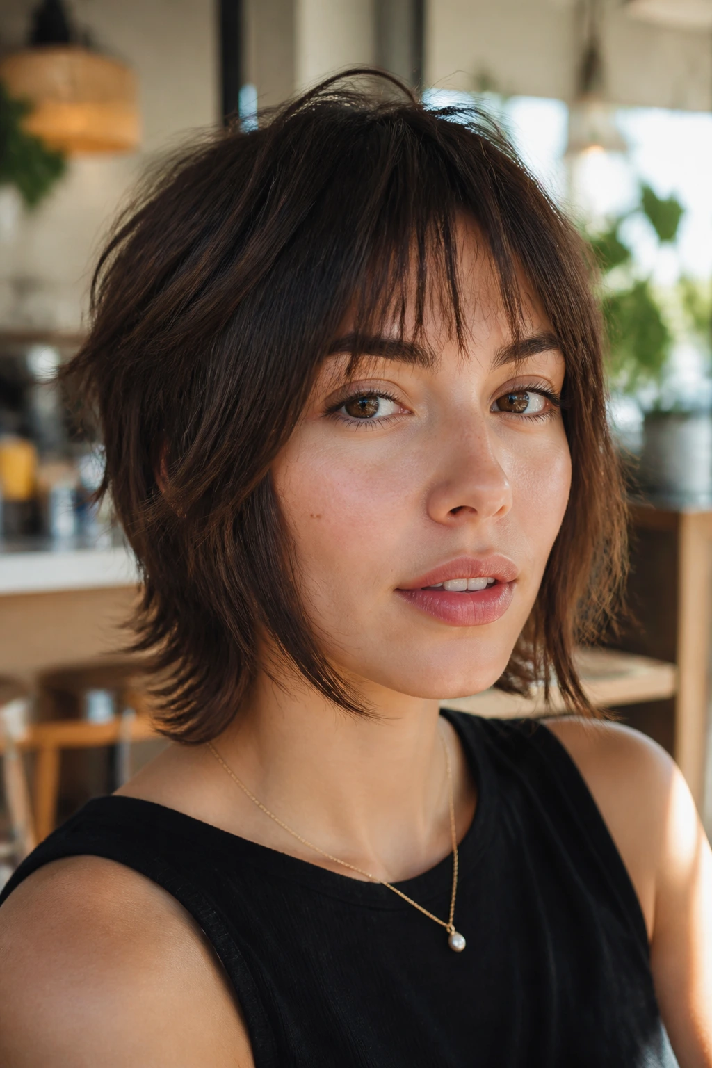Close-up of real person with chin-grazing wolf cut and cheekbone layers in cafe light.