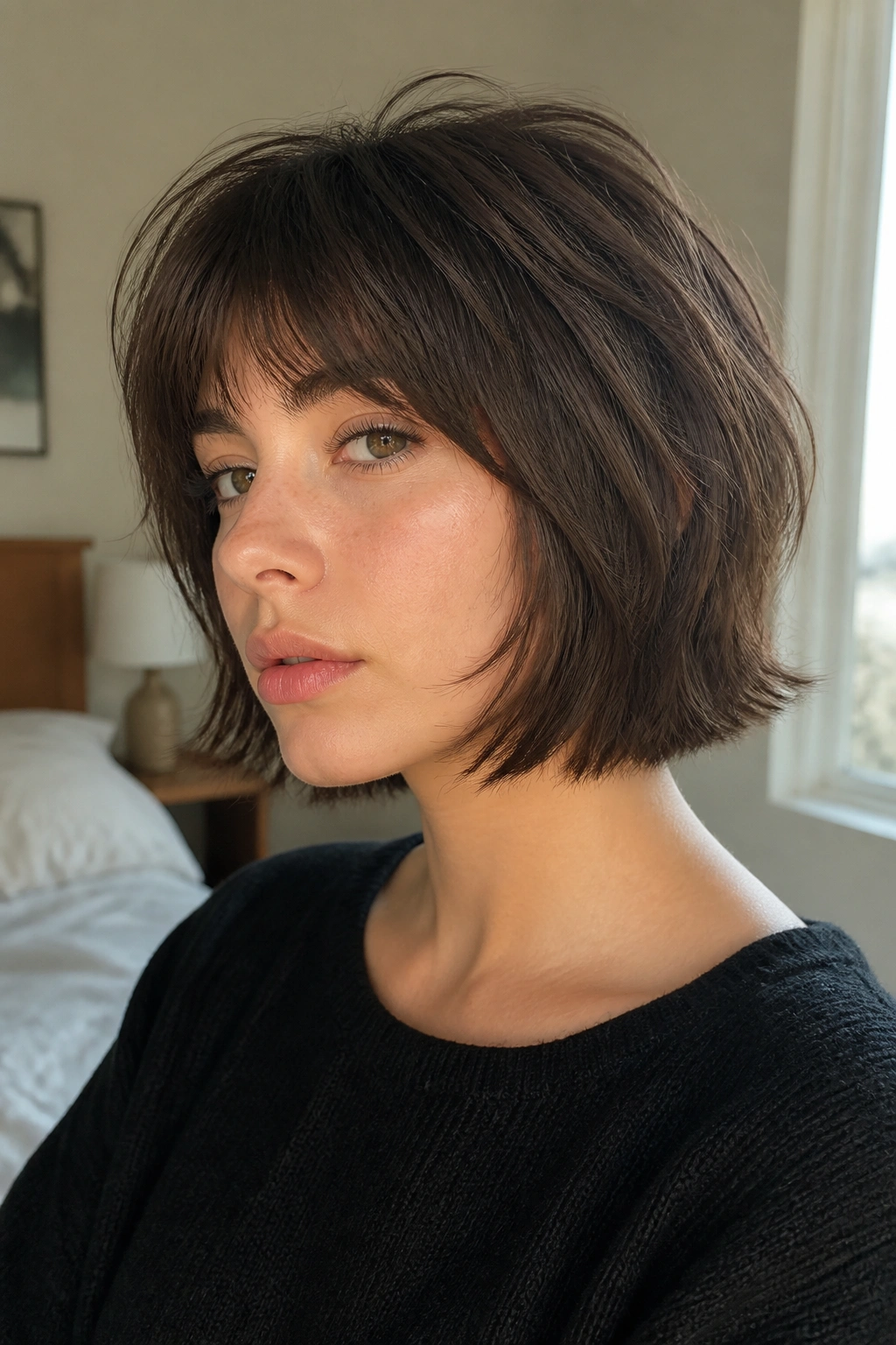 Close-up portrait of a woman with chin-length wolf cut bob and soft crown layers.
