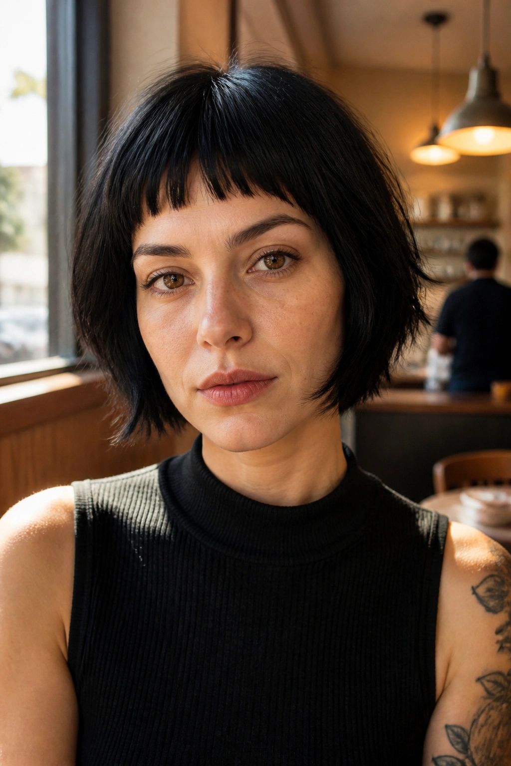 Close-up portrait of a real person with chin-length black wolf cut and micro bangs.