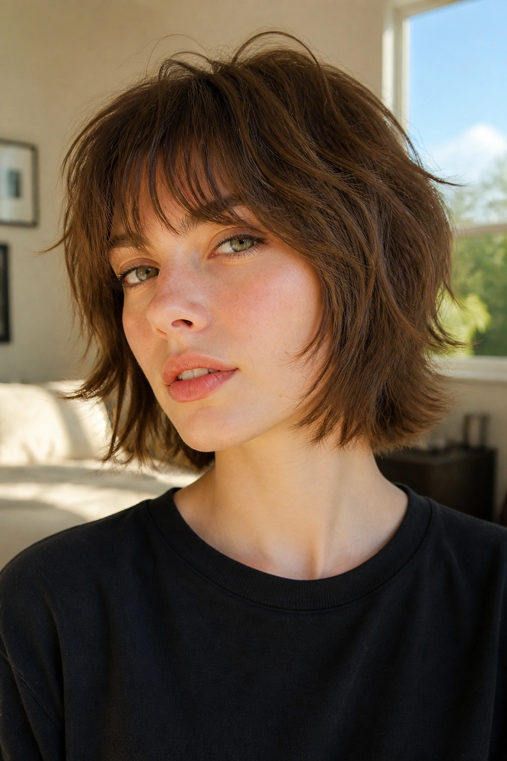 Close-up portrait of a real woman with a chin-length wolf cut in a sunlit bedroom
