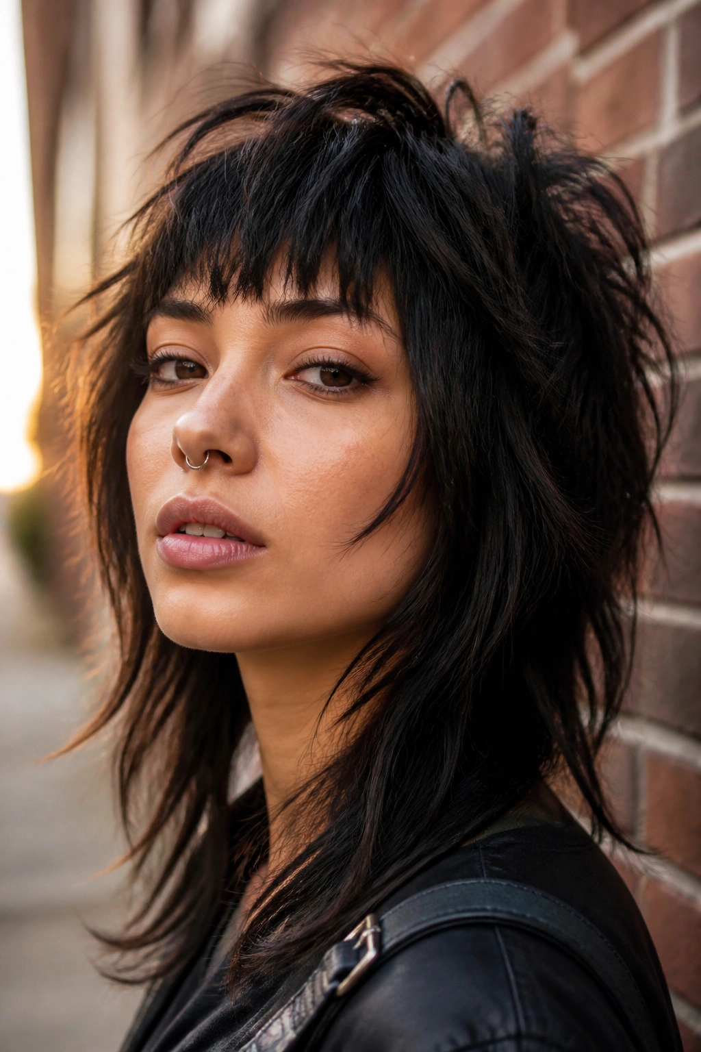 Portrait of a person with a wolf cut and choppy bangs