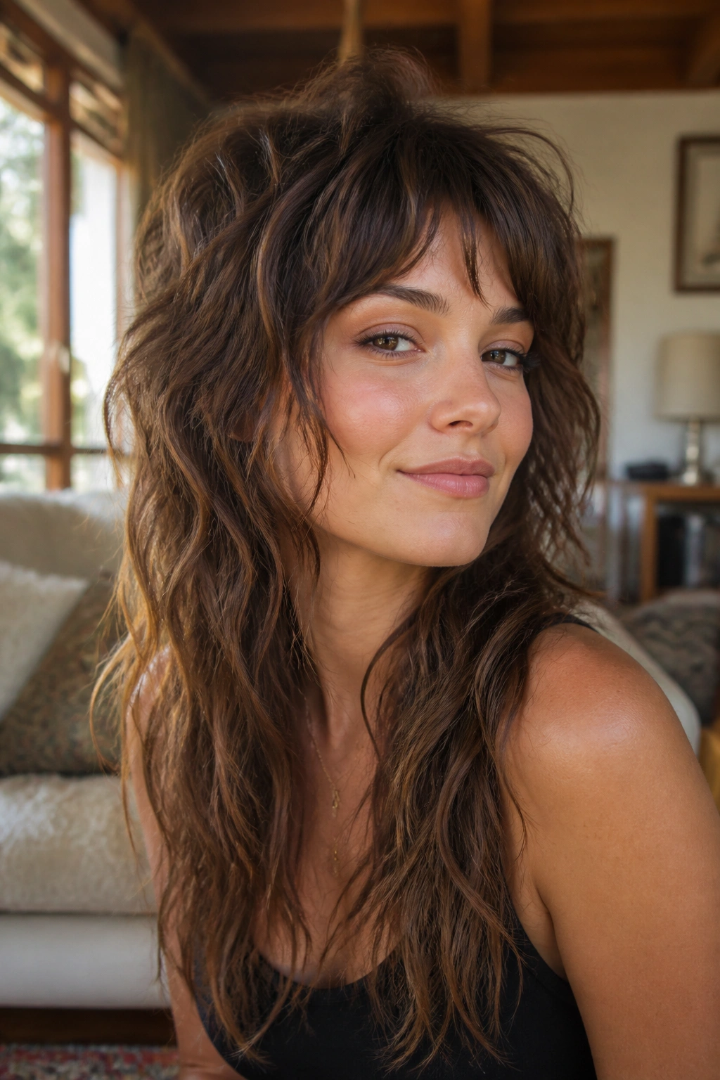 Close-up portrait of a real woman with a long wolf cut and choppy bangs in a cozy living-room setting, natural window light.
