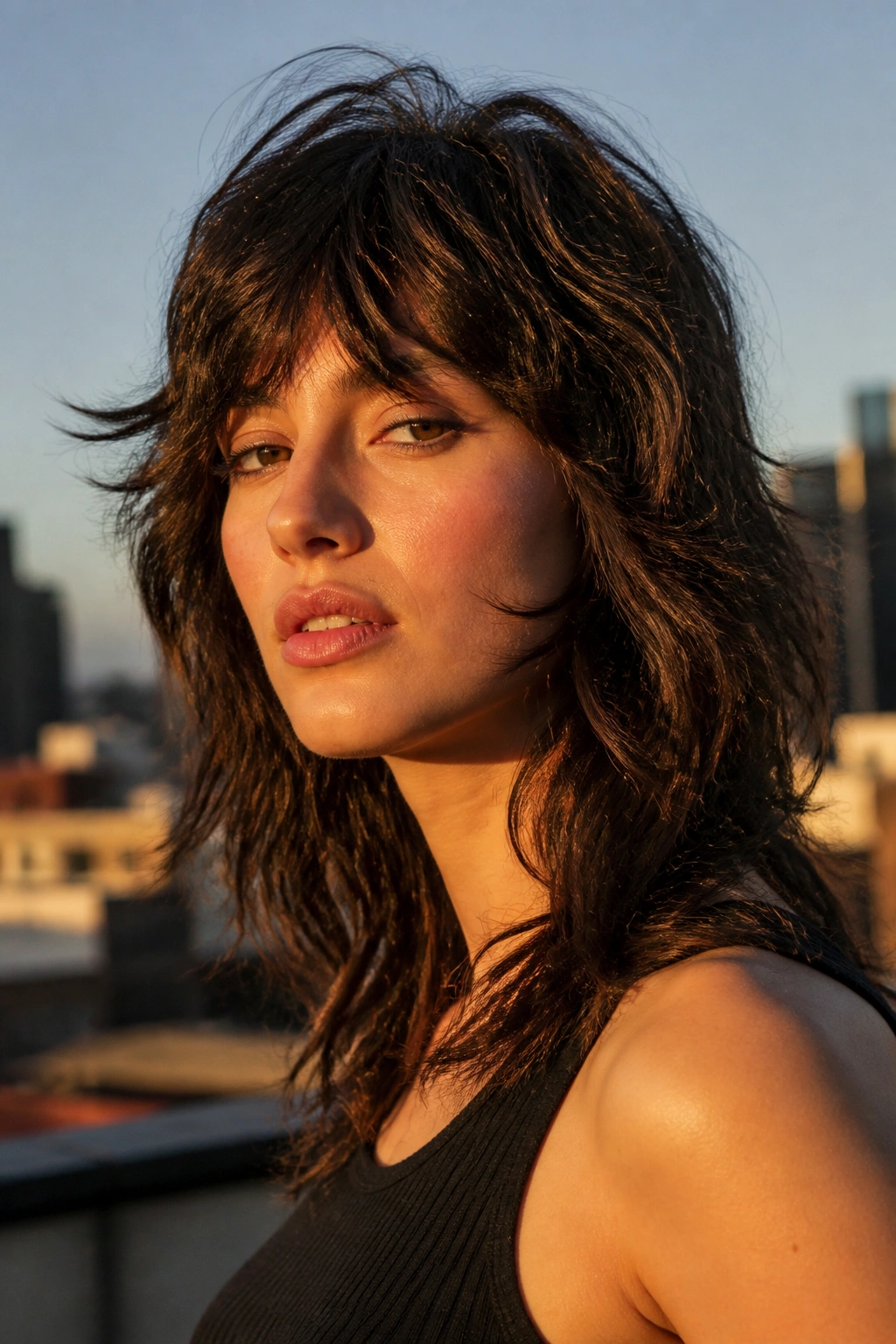 Three-quarter portrait of a real woman with a wolf cut and choppy crown layers