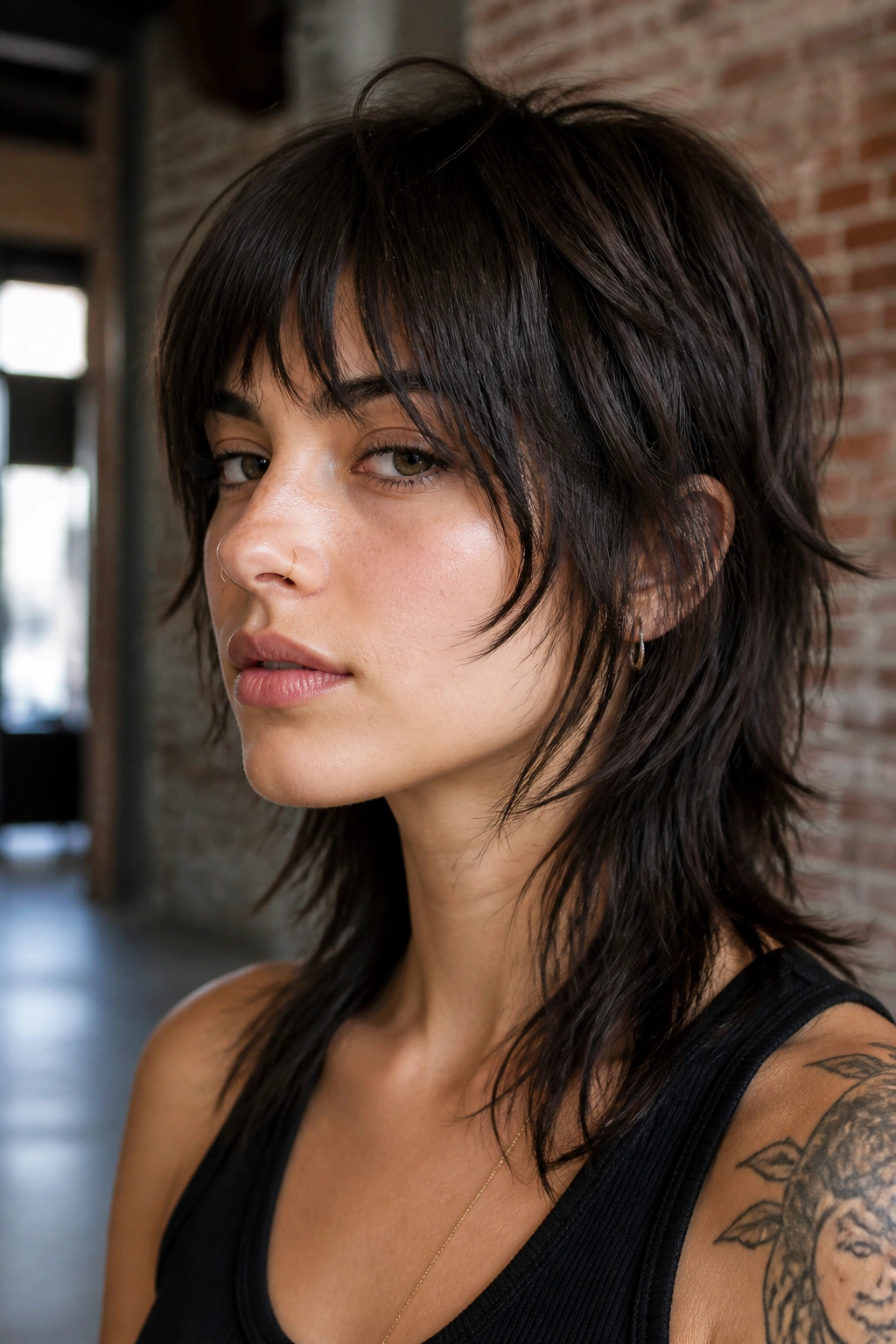 Portrait of a real woman with edgy wolf cut and choppy internal layers.