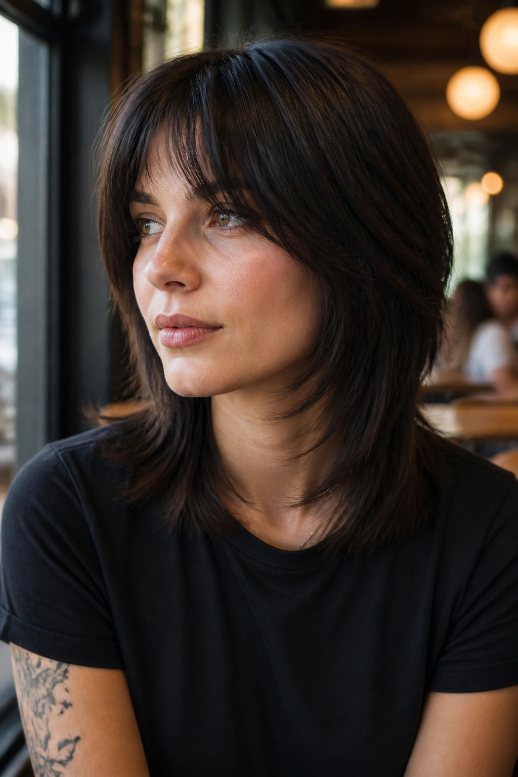 Portrait of a real person with a medium wolf cut on straight hair in a cafe window setting