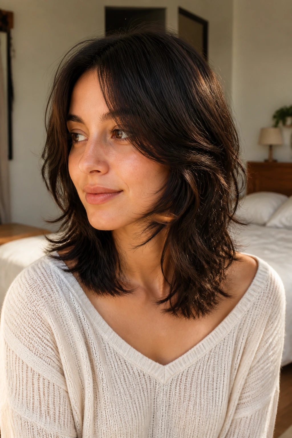 Portrait of real woman with collarbone-length wolf cut and face-framing flicks