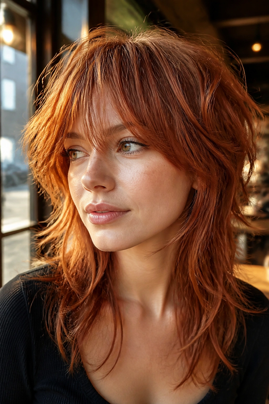 Close-up portrait of a real person with copper-colored wolf cut under warm light