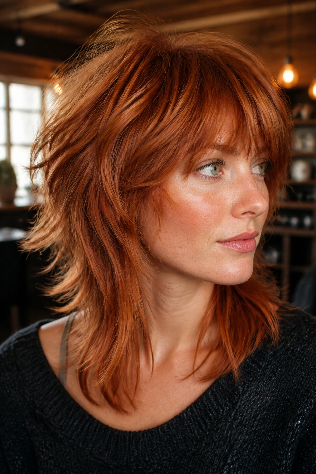 Close-up portrait of a real person with Classic Copper Wolf Cut, lifted crown and choppy ends in warm copper.