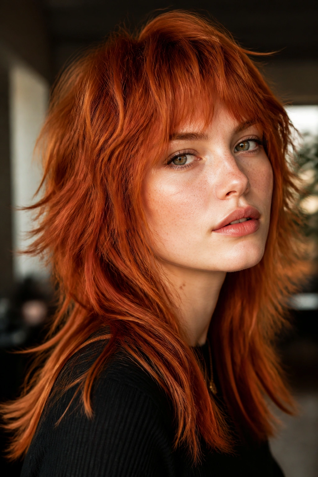 Close-up portrait of a real woman with copper wolf cut showing texture and lift