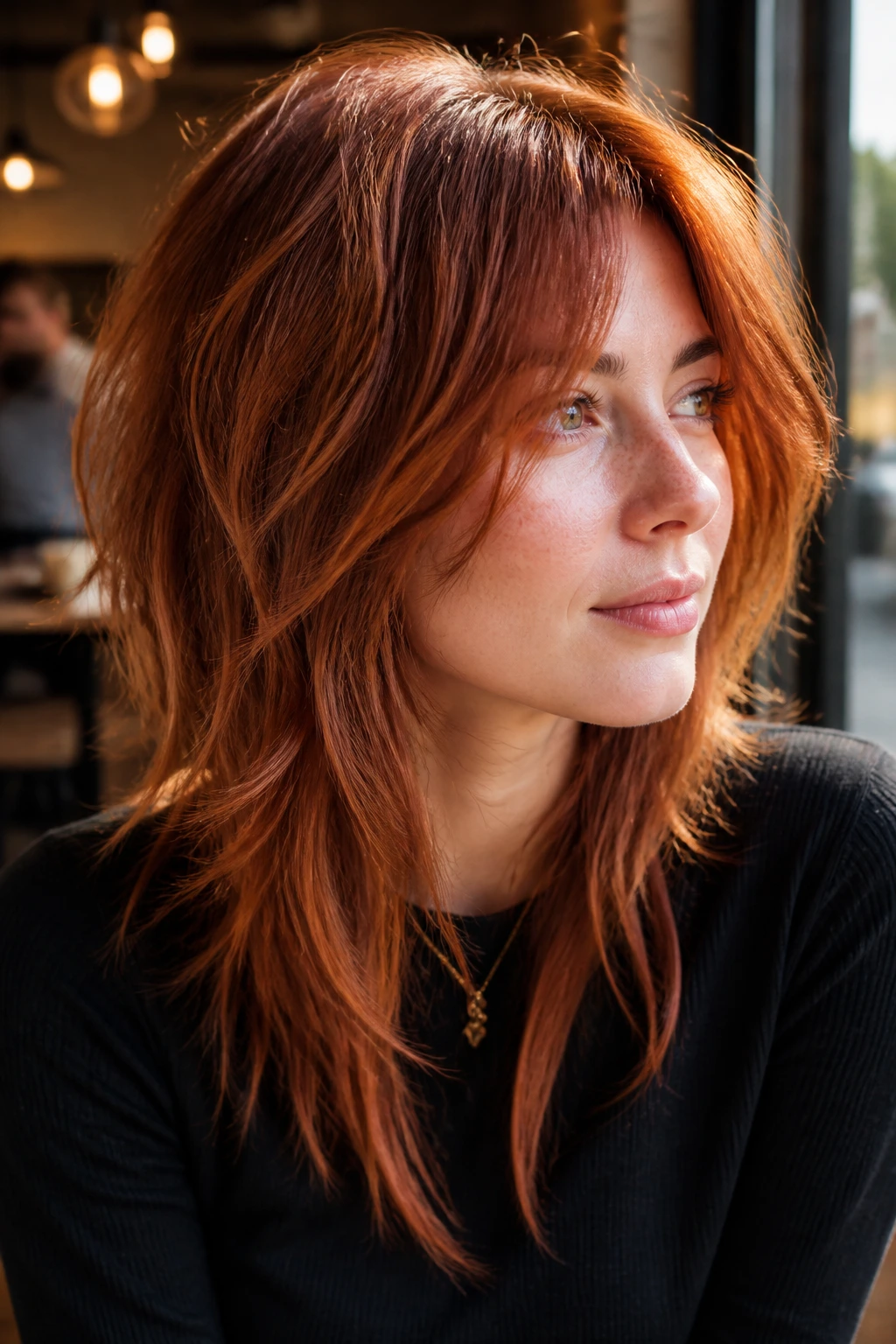 Close-up of real woman with soft copper wolf cut and long tapered pieces