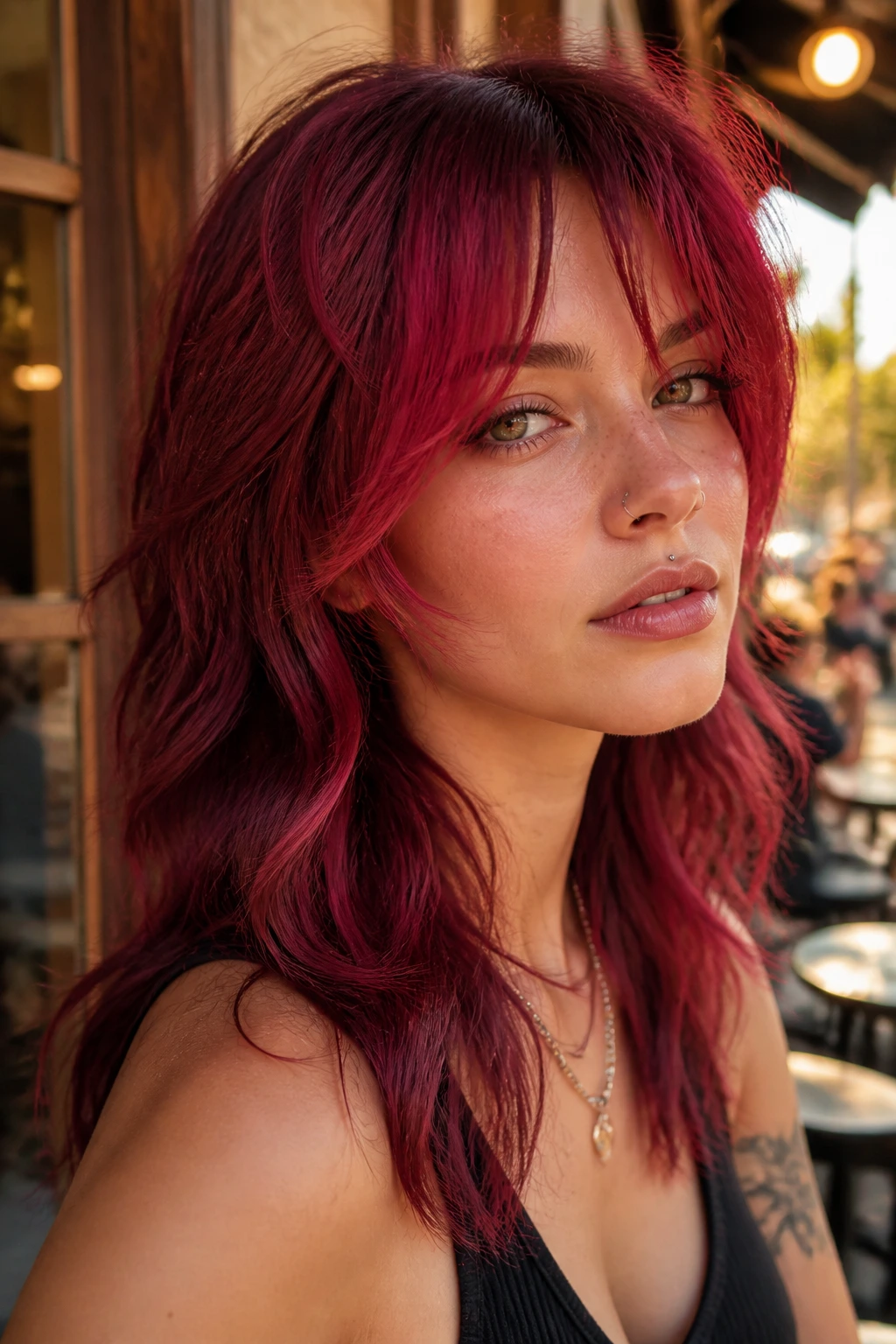 Close-up portrait of a real person with Crimson Wolf Cut with Face-Framing Pieces, bright crimson highlights framing the face