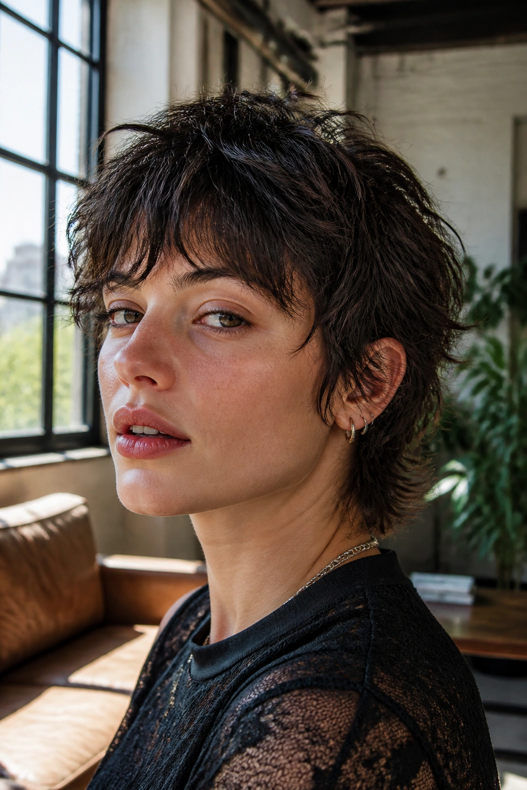 Close-up portrait of a real woman with Short Wolf Cut With a Choppy Crown in a sunlit loft