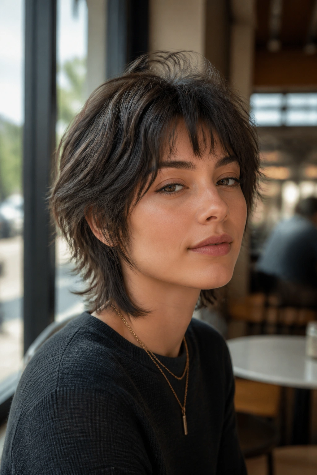 Close-up of a real person with a short wolf cut and crown layers in natural cafe light.
