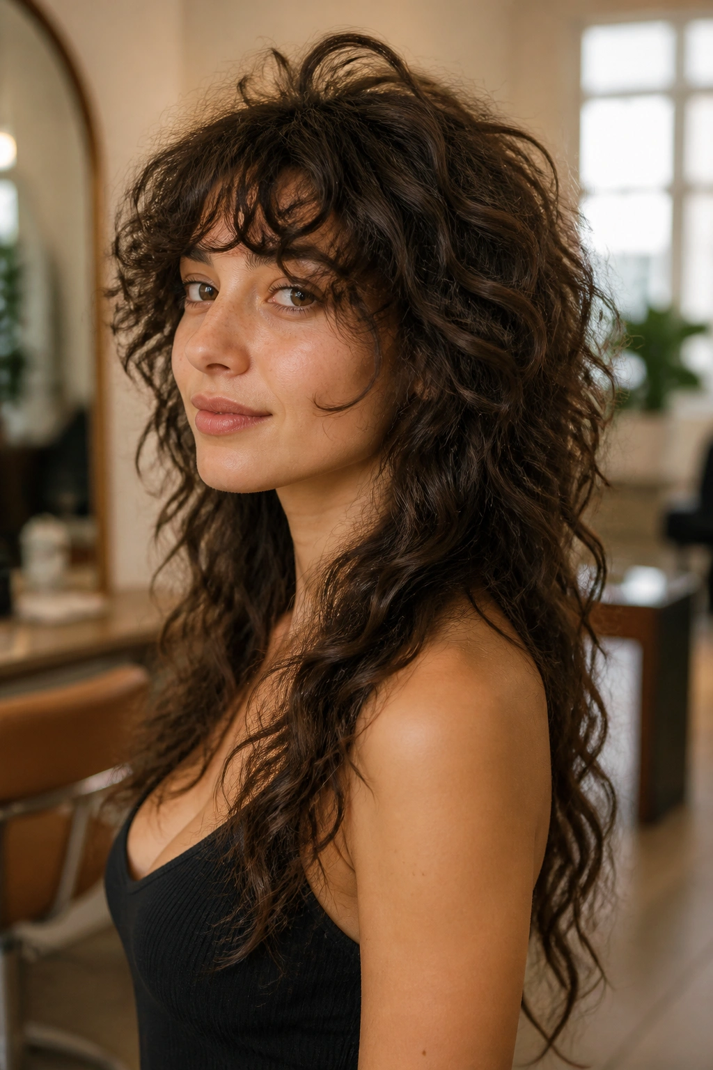 Close-up portrait of real person with long curly wolf cut and crown lift in a salon setting.