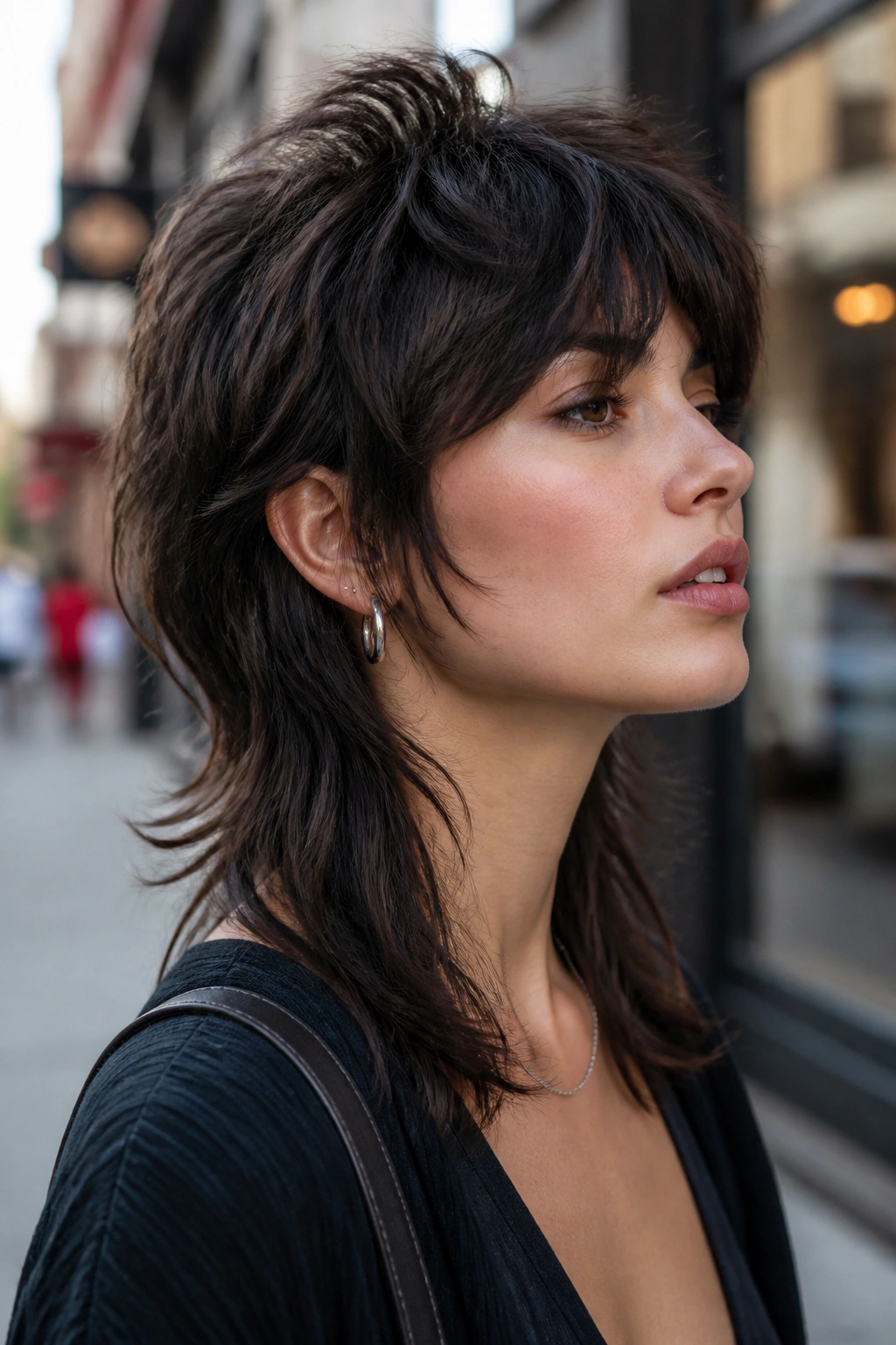 Real person with a wolf cut and tamed crown, urban backdrop, head-and-shoulders shot.