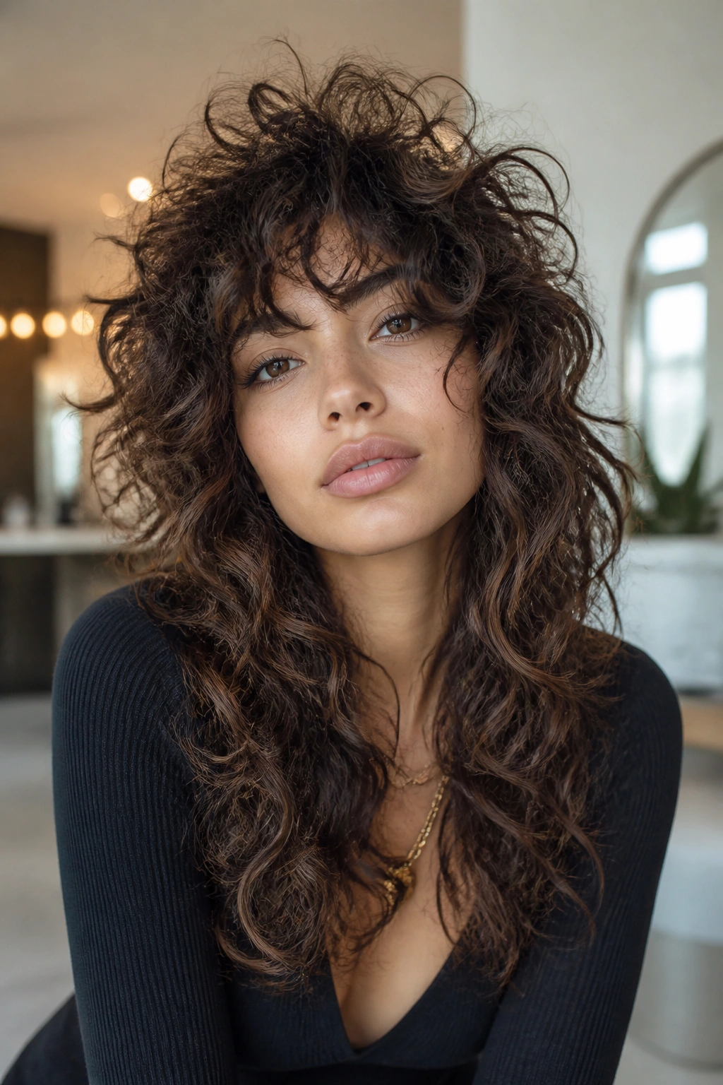 Close-up of a woman with curly wolf cut showing crown texture