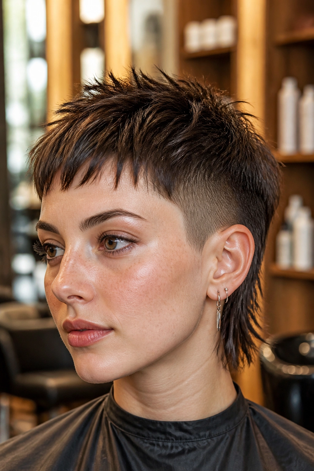Close-up portrait of real person with micro wolf cut and piecey crown in a warm salon
