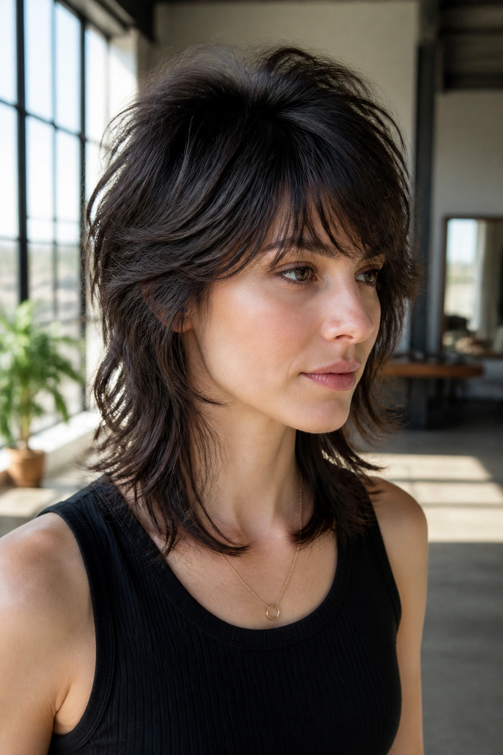 Portrait of a woman with layered wolf cut and crown volume, natural light.