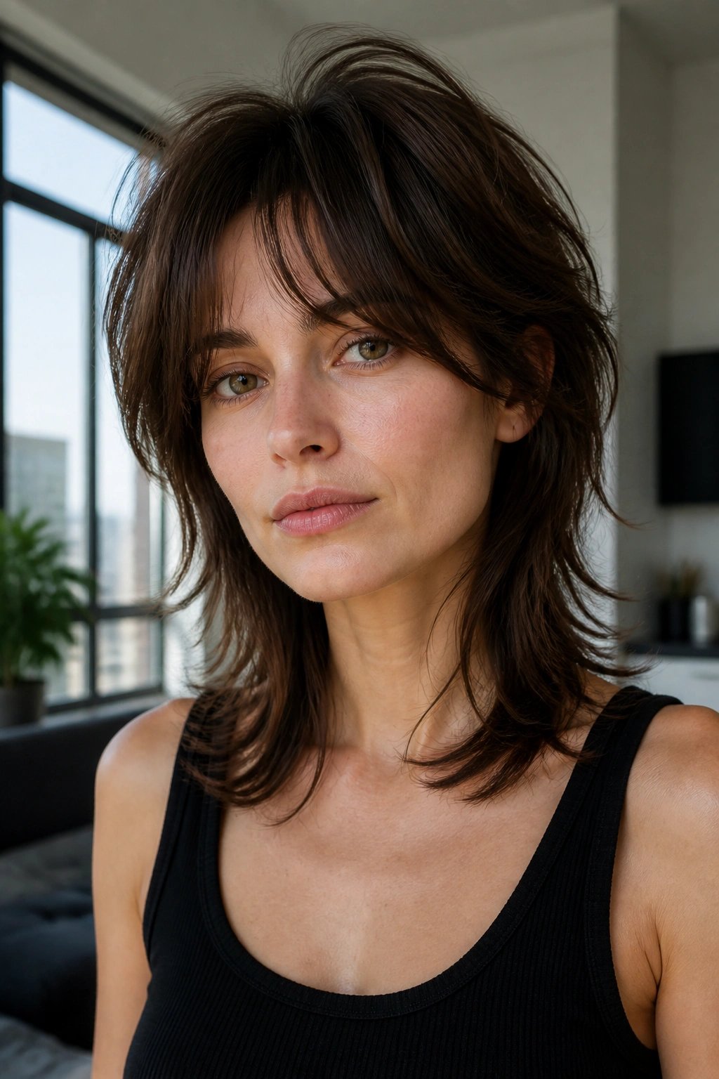 Woman with soft wolf cut and airy crown volume.