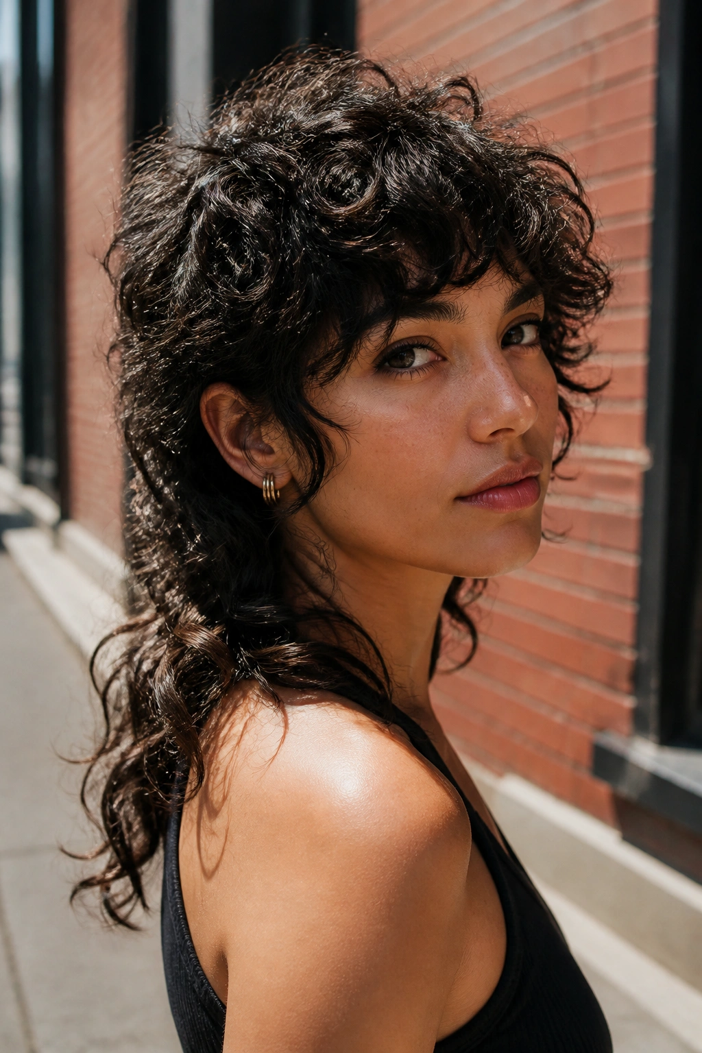 Real woman with a wolf cut and loose curls outdoors