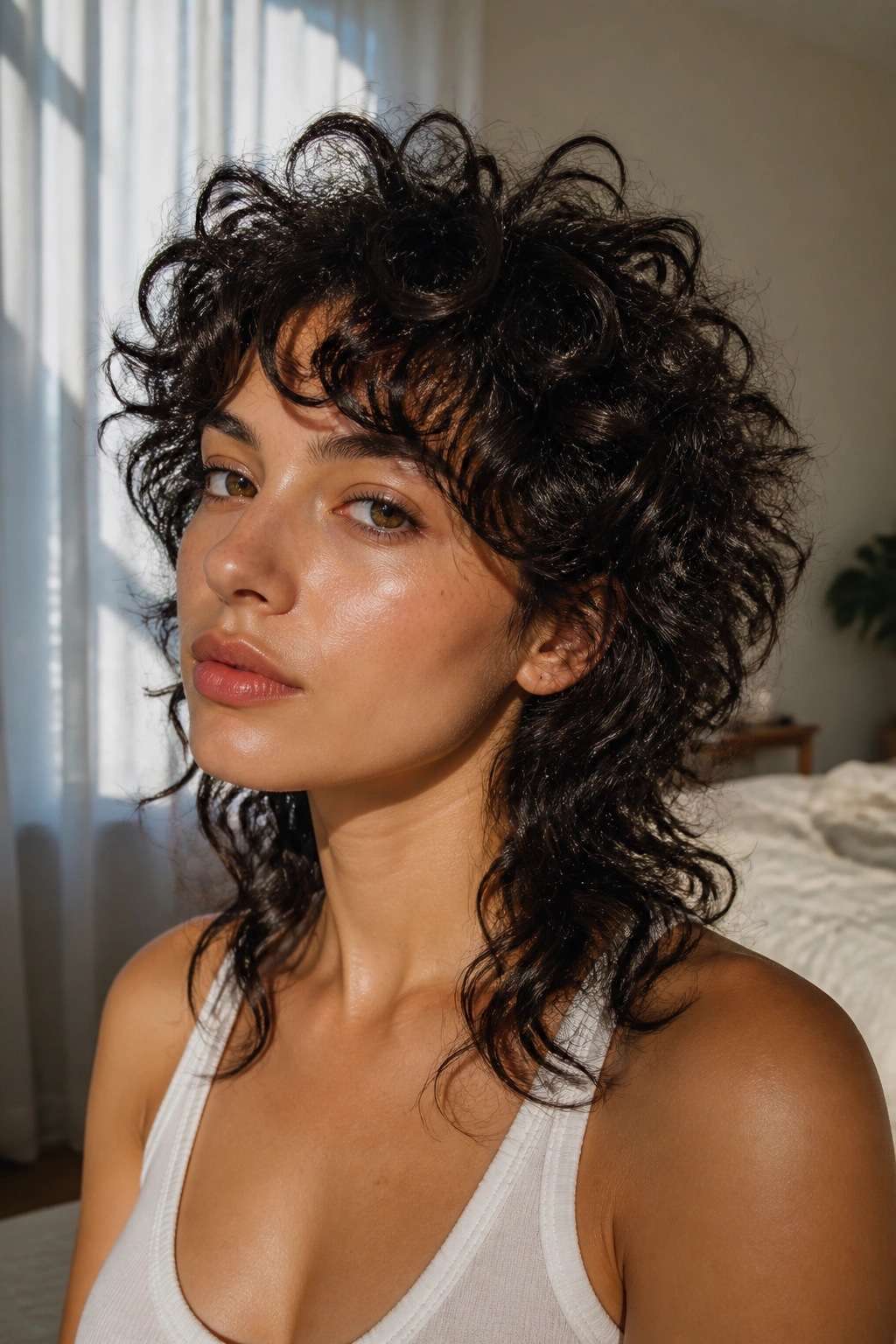 Close-up of a real person with a wolf cut for loose ringlets and defined curls