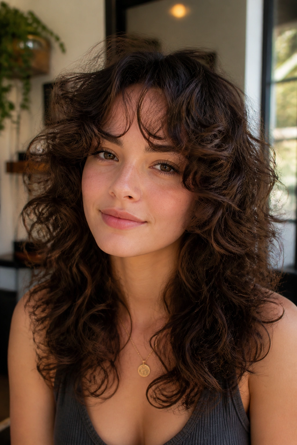 Close-up portrait of a real woman with a wolf cut and curtain bangs on natural curls