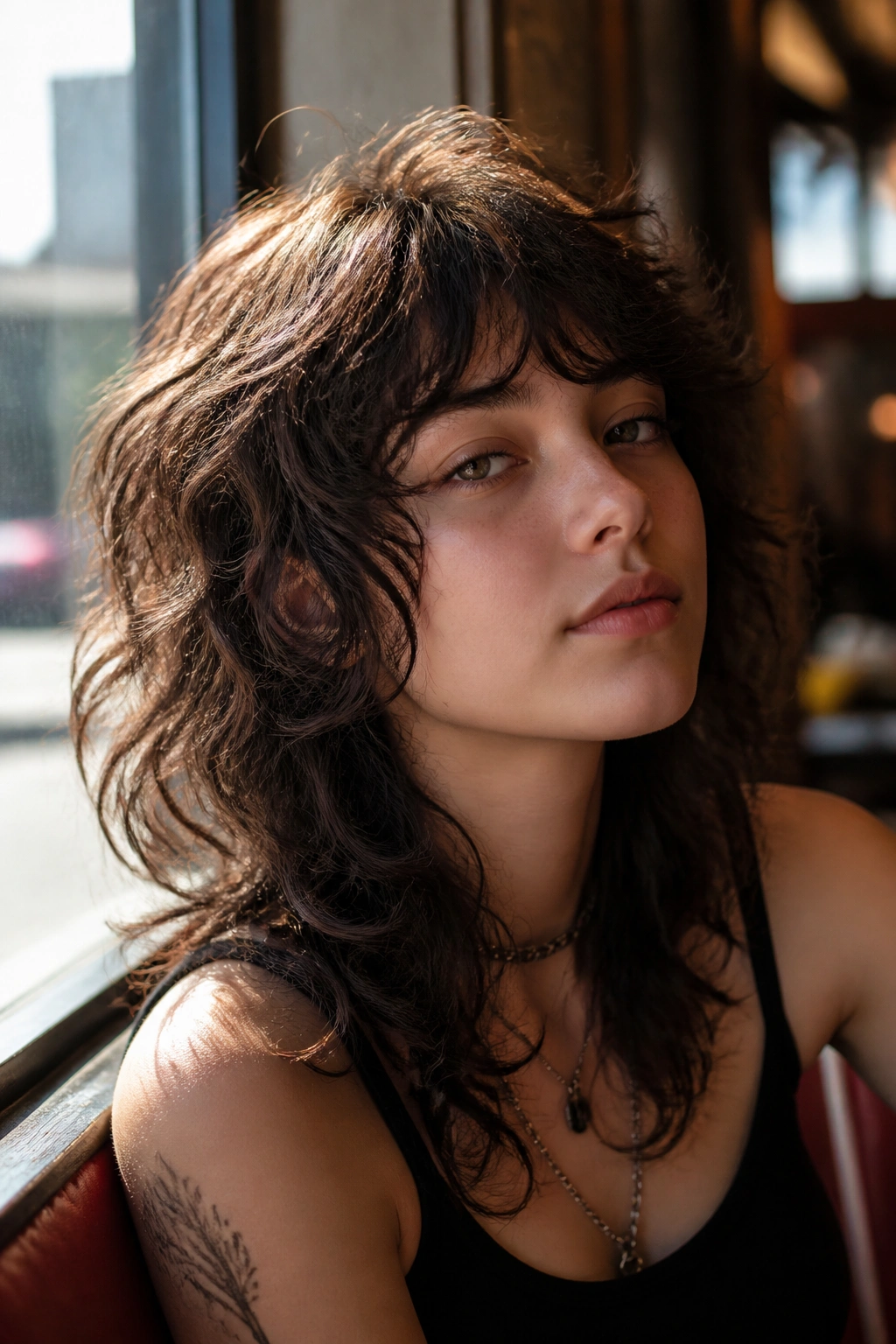 Portrait of real person with soft wolf cut on loose curls at cafe window light