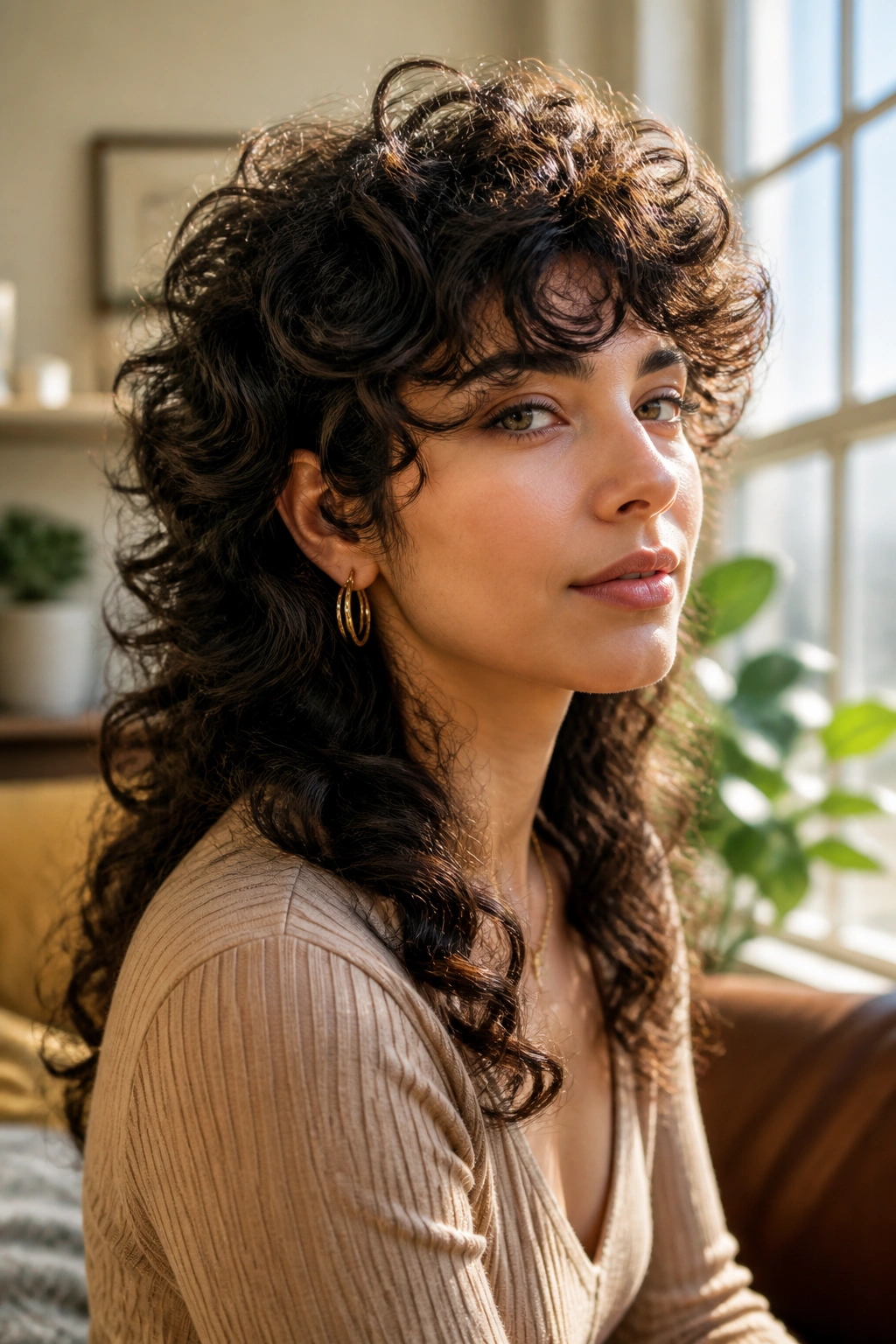 Close-up of a real person with thick curly wolf cut under natural light