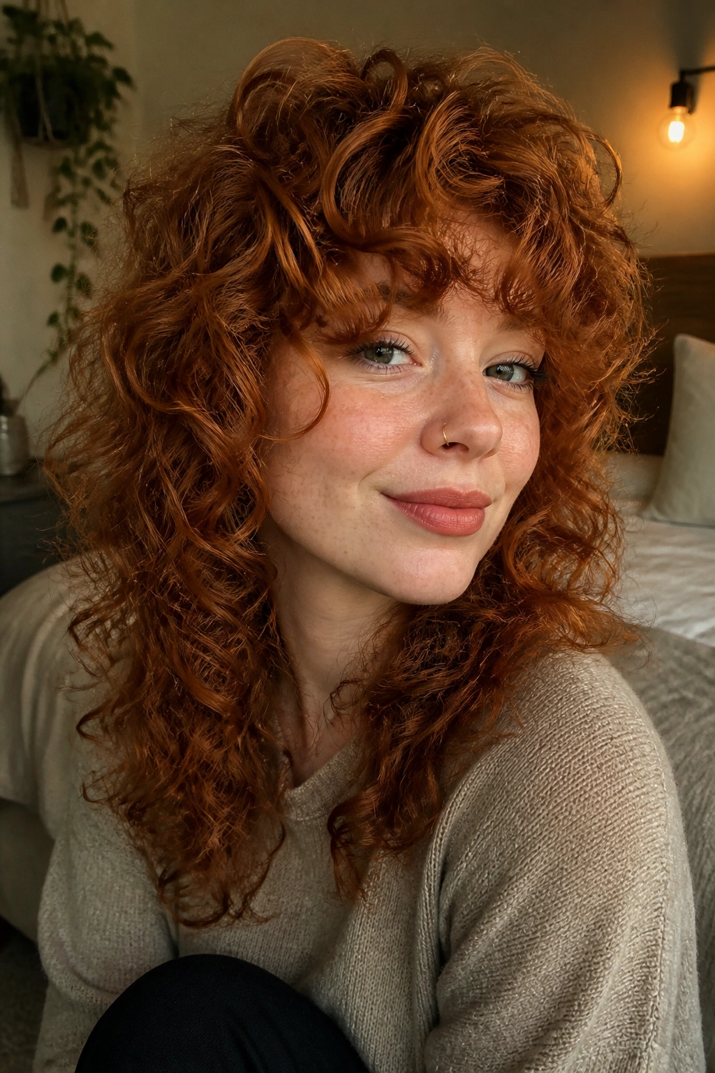 Close-up portrait of a real woman with Curly Ginger Wolf Cut with Rounded Volume in a cozy bedroom