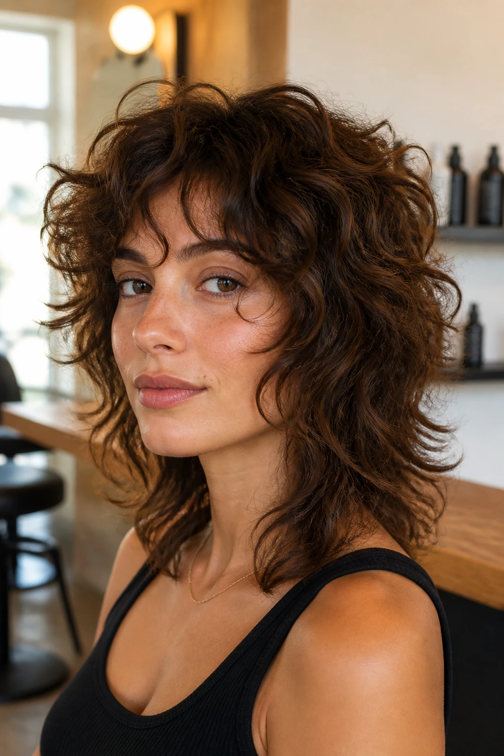 Close-up of real person with soft-edged mid-length wolf cut in warm salon light