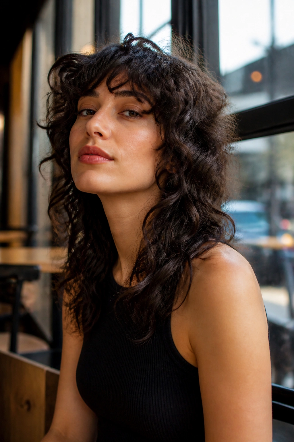 Woman with wolf-cut inspired curly shag showing textured ends in urban light