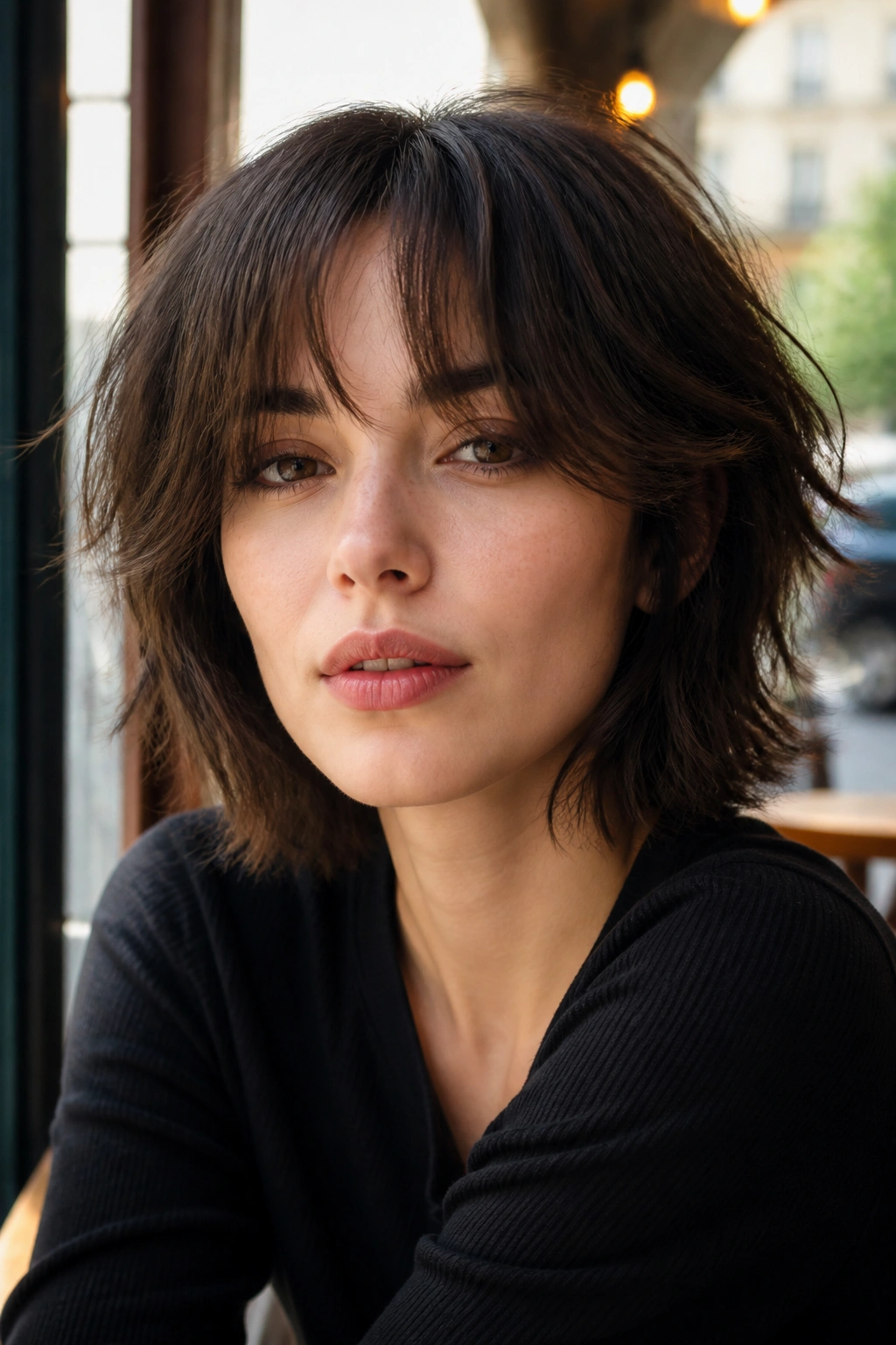 Close-up of a real woman with French wolf cut bob and curtain bangs in a cafe setting.