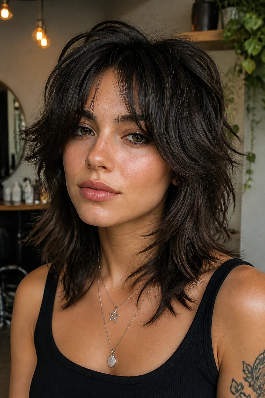 Portrait of a real person with a wolf-cut and curtain bangs in warm salon light