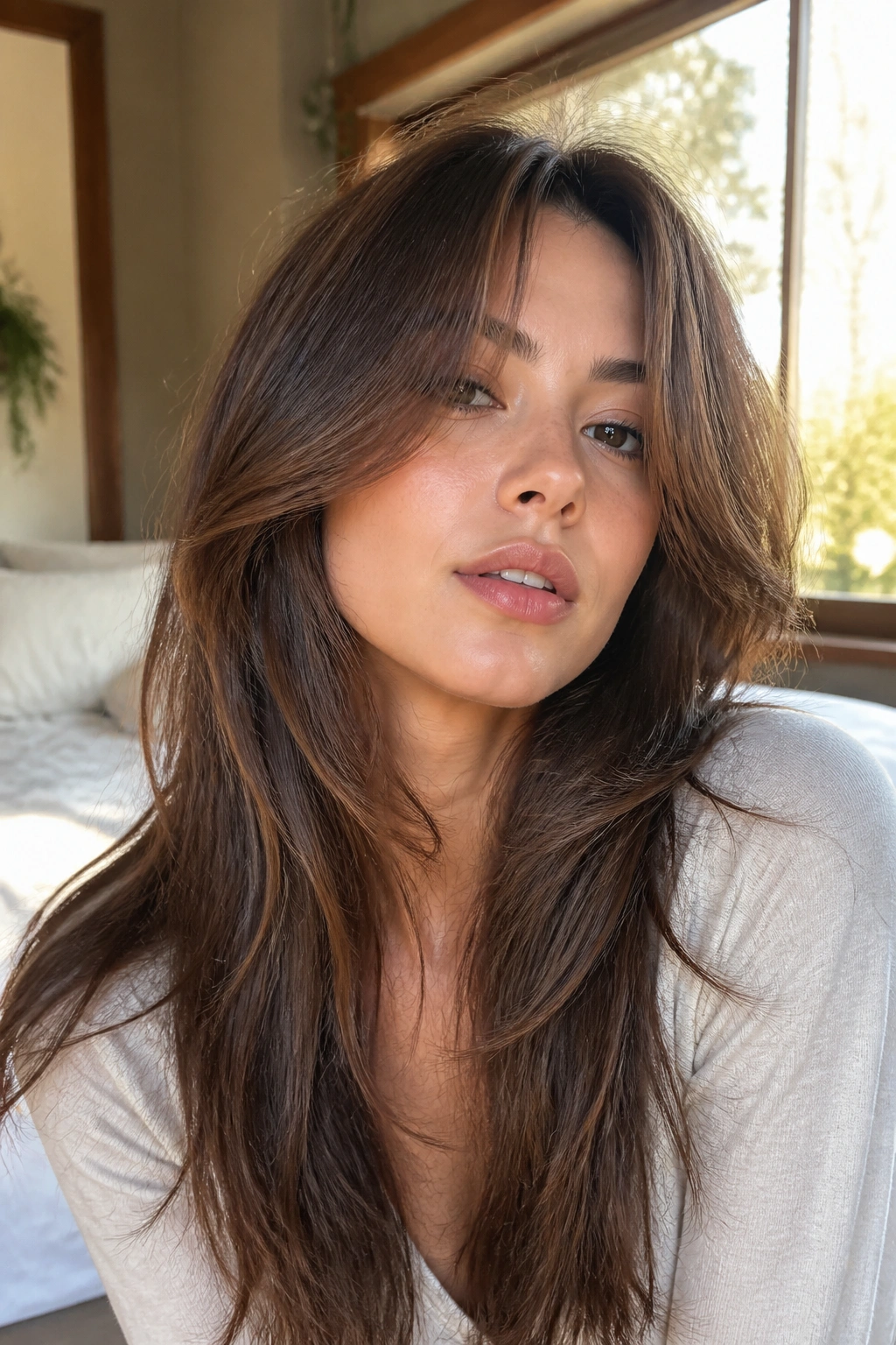 Close-up portrait of a real woman with long wolf cut and curtain bangs in a softly lit bedroom.
