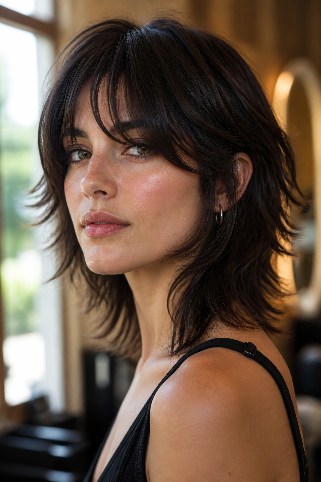 Close-up portrait of a real woman with razor-edged wolf cut and curtain bangs, soft window light in a cozy salon.