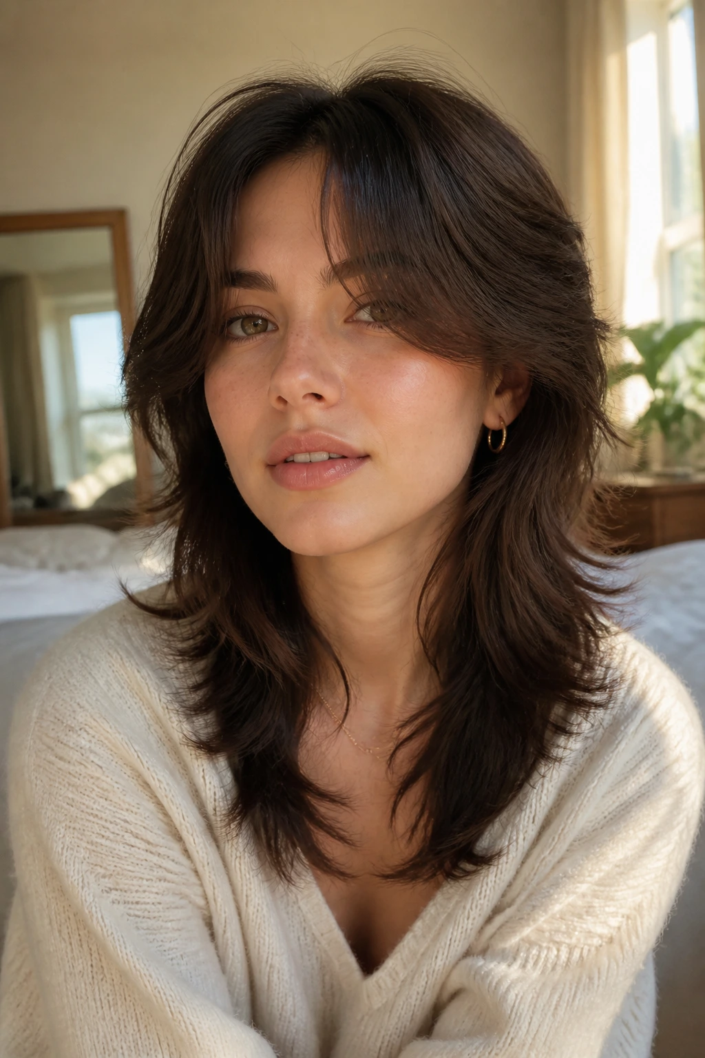 Close-up portrait of a real person with a soft wolf cut and curtain bangs in warm window light.
