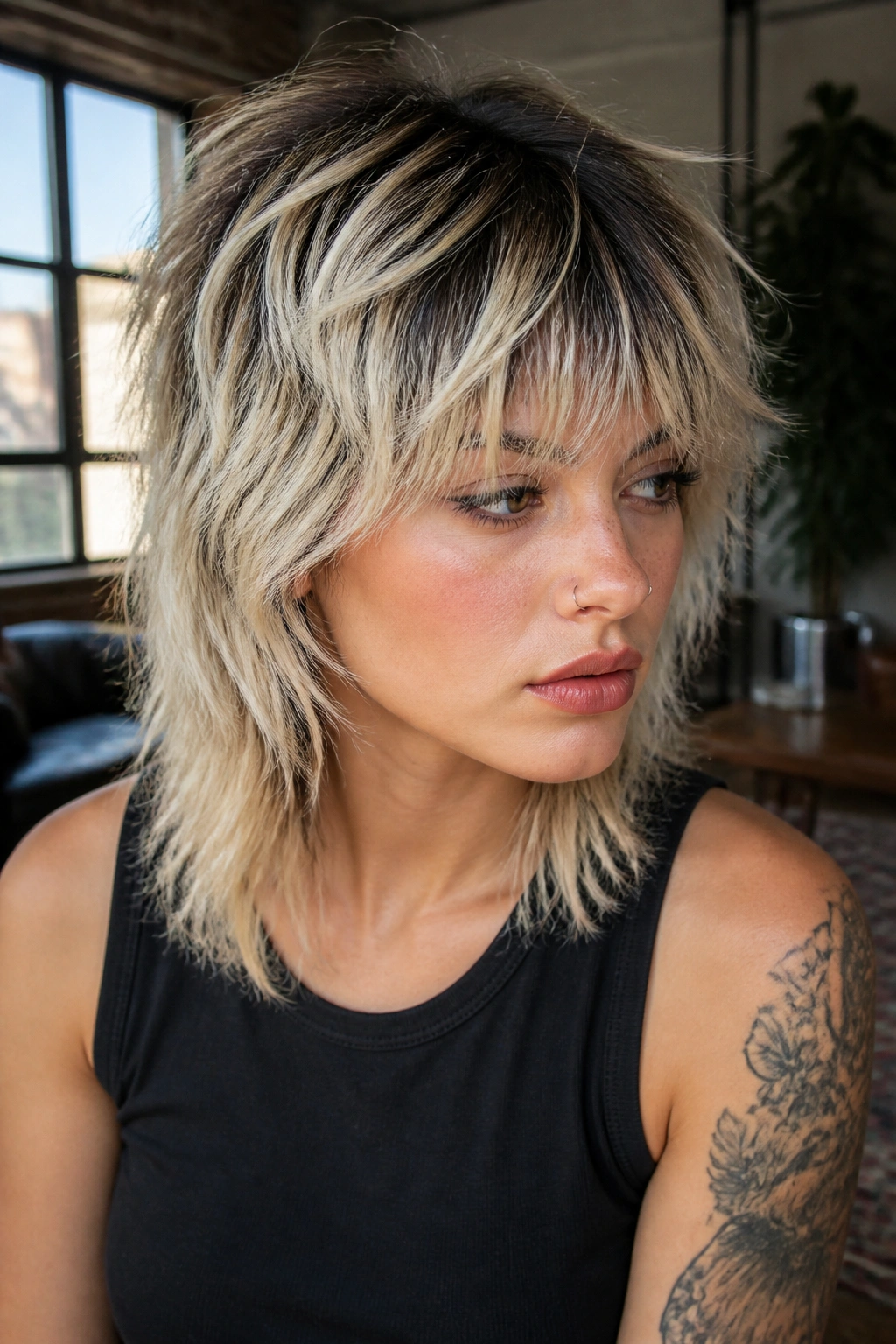 Real person with a bleached blonde wolf cut and dark roots.