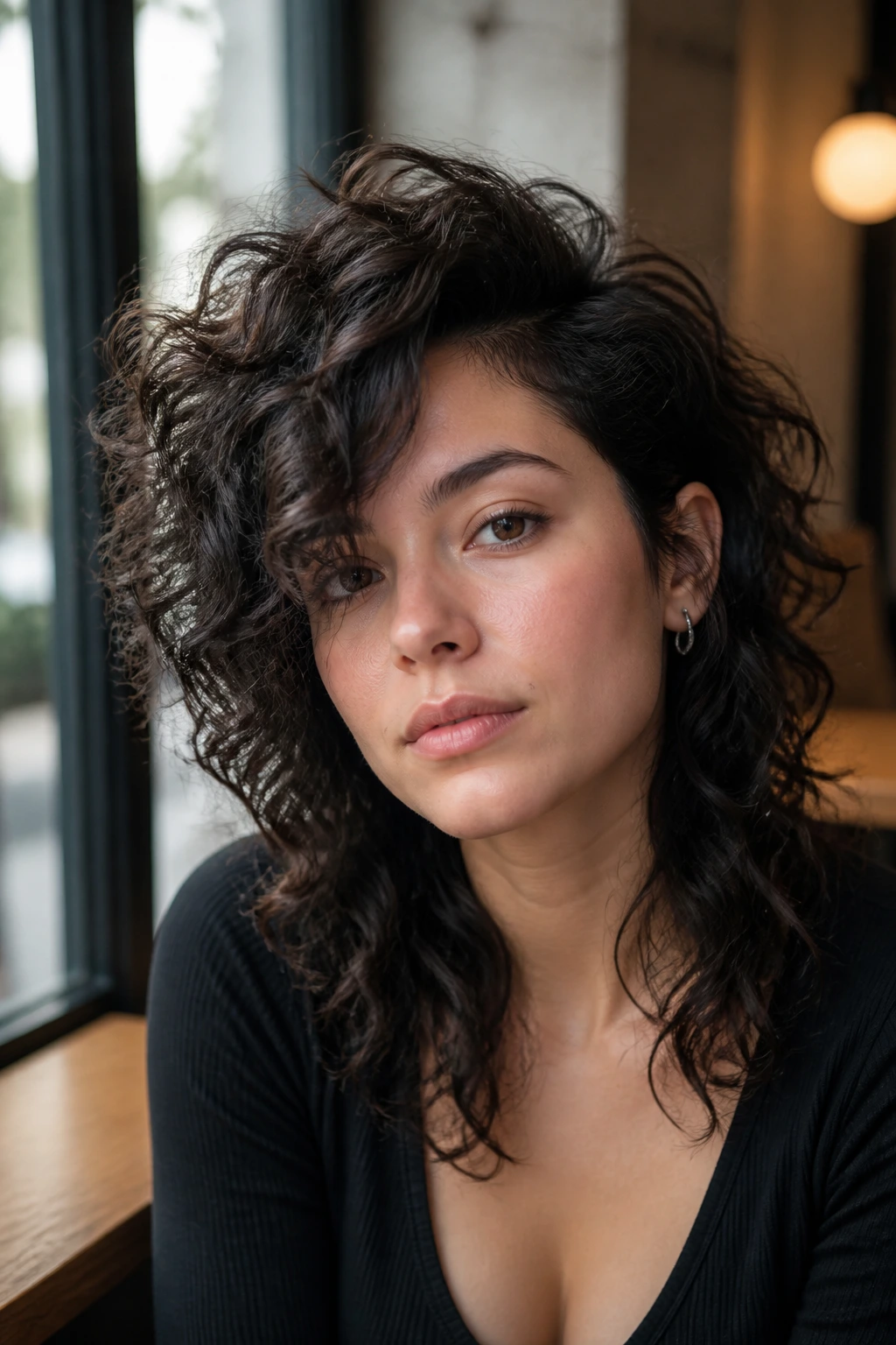 Portrait of a person with a wolf cut and deep side part in soft daylight